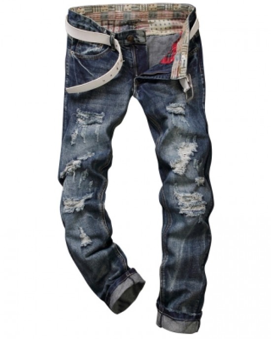 Frayed Five-Pocket Straight Leg Ripped Jeans