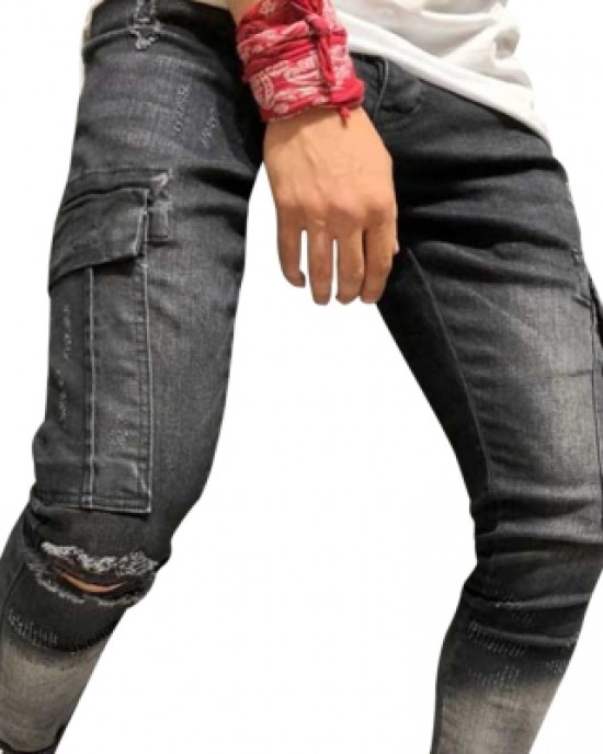 Men Jeans Worn-out Hole Slim Leg Zipper Pants