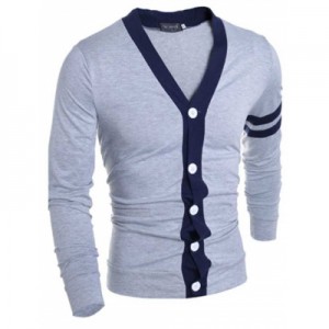 V-Neck Color Block Stripes Purfled Design Long Sleeves Cotton Blend Cardigan