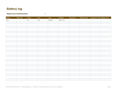 Preview of the first page of Battery replacement log (Excel)